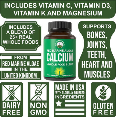 Plant Based Calcium - Red Marine Algae Calcium Supplement With Vitamin C, D3, K, Magnesium, And Whole Food Vegetable Blend. Vegan Capsules For Bones And Joints. 120 Calcium Pills, Tablets