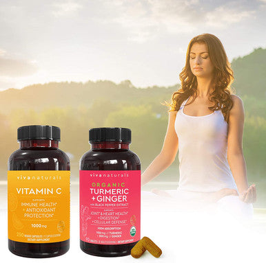Viva Naturals Vitamin C 1000mg (250 Capsules) and Organic Turmeric Curcumin Supplement with Ginger Extract (90 Tablets) Bundle