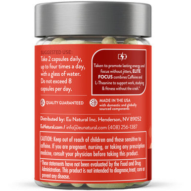 Eu Natural Elite Caffeine Pills with L-Theanine Jitter- Focused Energy Supplements Clean & Natural Nootropic Stack for Smart Cognitive Performance 120 Soft Capsules