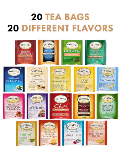 Blue Ribbon Herbal and Decaf Tea Bags Sampler Assortment Variety Pack Box - 20 Count 20 Flavors - Perfect Variety - s for Mom Dad Family Coworkers Friends Women Men Herbal and Green Tea Lovers