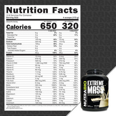 Nutrabio Extreme Mass - 53G Protein - Advanced Anabolic Muscle Mass Gainer Protein - High Calorie - Full Spectrum Amino Acid - Vanilla 6 Pound