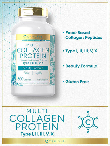Carlyle Multi Collagen Protein 2000mg | 300 Capsules | Type I, II, III, V, X | Collagen Peptide Pills | Keto & Paleo Friendly, Gluten Free Supplement