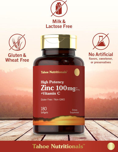 Carlyle Zinc Supplement 100mg with Vitamin C | 180 Softgels | Non-GMO Gluten | Tahoe Nutritionals