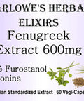 Barlowe's Herbal Elixirs Fenugreek Extract - 70% Furostanol Saponins - 60 600mg VegiCaps - Stearate Free, Bottled in Glass!