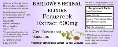 Barlowe's Herbal Elixirs Fenugreek Extract - 70% Furostanol Saponins - 60 600mg VegiCaps - Stearate Free, Bottled in Glass!
