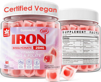Vegan Iron Gummies Supplement For Women Plus Vitamin C 100Mg, Beet Root, Vitamin B12, Folate For Iron Deficiency, Anemia, Energy Boost, Sugar Gentle Iron, Non-Constipating, No After Taste, 60 Cts
