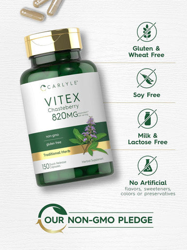 Carlyle Vitex Chasteberry Supplement | 820mg | 150 Capsules | Vitex Agnus-Castus Fruit for Women | Non-GMO Gluten