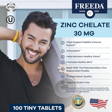 Freeda Chelated Zinc Supplement - Kosher 30 Mg Zinc Chelate Zinc Tablets As Albion Traacs Zinc Bisglycinate - Zinc Chelated For Adults - Pure Zinc 30Mg - Zinc For Men & Women - (250 Tiny Tablets)