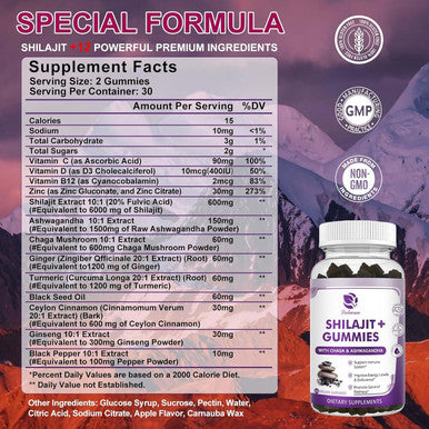 (2 Pack) Shilajit Gummies, Pure Himalayan Shilajit With Ashwagandha, Black Seed Oil, Vitamin C D3 B12 & Zinc, Sugar Shilajit For Men & Women, Vegan & Non-Gmo