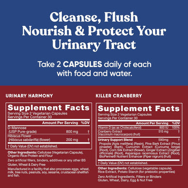 Eu Natural Urinary Tract Supplement Duo Urinary Harmony + Killer Cranberry UT Defense blends D-mannose & Hibiscus + Cranberry Pine Bark Propolis & Vitamin D Clinical Strength Ingredients 2 X 60 ct