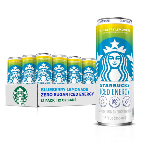Starbucks Iced Energy Drink, 3 Flavor Variety Pack (Tropical Peach, Watermelon Splash, Blueberry Lemonade), Zero Sugar Energy Drink, Plant Based Caffeine, Hydration, Mental Clarity, 12x12 Fl Oz Cans