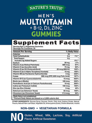 Mens Multivitamin Gummy | 70 Count | Vegetarian, Non-GMO, Gluten | with B12, D3, Zinc | Blueberry Flavor | by Nature's Truth