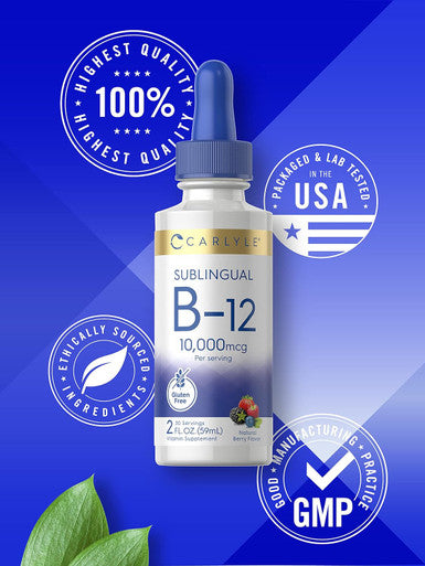 Carlyle Vitamin B12 Sublingual | 10000mcg | 2 fl oz | Vegetarian Non-GMO Gluten Liquid Drops
