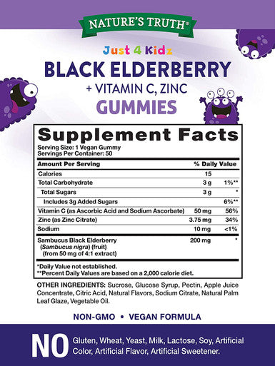 Kids Black Elderberry Gummies | 50 Count | with Zinc and Vitamin C | Vegan, Non-GMO & Gluten Supplement | by Nature's Truth