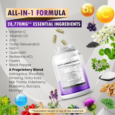 Resveratrol 25,500Mg Supplement - 18-In-1 Natural Blend With Nad + Milk Thistle Astragalus Rhodiola Gotu Kola Elderberry Blueberry - 150 Count - Made & Tested In The Usa