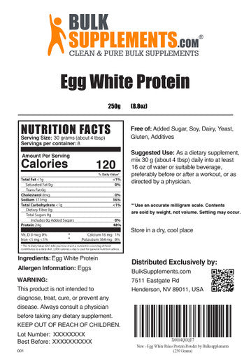 BulkSupplements Egg White Protein Powder (Egg White Powder) - Unflavored, Dairy Free, Lactose Free Protein Powder - 24g of Protein - 30g , 8 Servings (250 Grams - 8.8 oz)