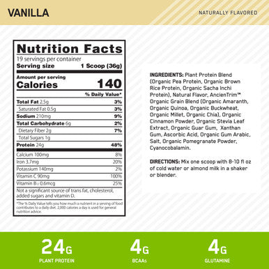 Optimum Nutrition Gold Standard 100% Organic Plant Based Protein Powder Vitamin C For Immune Support Vanilla 1.51 Pound