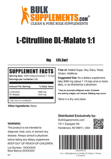 BulkSupplements L-Citrulline Malate 1:1 Powder - Supplement for Circulation & Muscle Endurance - Unflavored, - 3g , 333 Servings (1 Kilogram - 2.2 lbs)