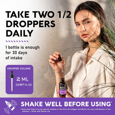 NUTRAHARMONY Liquid Biotin & Collagen - Vitamins For Hair Growth Support For Women & Men - Extra Strength 60000 Mcg Drops - B7 Supplement - Strong Nails & Healthy Skin - 98% Faster Absorption Than Pills