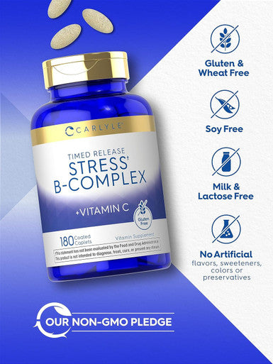 Carlyle Stress B-Complex Vitamin 180 Vegetarian Caplets With Vitamin C Non-Gmo & Gluten Supplement