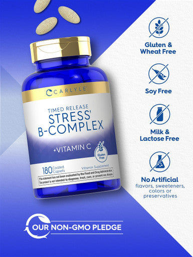 Carlyle Stress B Complex Vitamin Supplement | 180 Caplets | With Vitamin C | Non-Gmo And Gluten Free