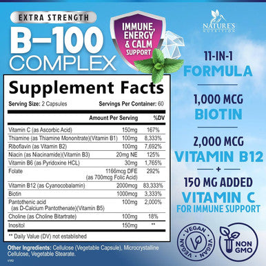 Nature'S Nutrition Vitamin B Complex Capsules with Vitamins B1 B2 B3 B6 B12 B100 C Biotin Folate & Folic Acid - Supplement for Energy Brain & Immune Support - Super B Vitamin Complex for Women & Men - 120 Vegan Pills