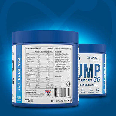 Applied Nutrition Pump 3G Pre Workout Energy Drink Focus and Performance Creatine Monohydrate AAKG Citrulline Beta Alanine Caffeine Vitamin B Gold Complex 375g Standard 50 Servings (ICY Blue Raz)