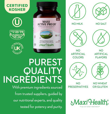 Maxi Health Probiotics for Digestive Health and Gut 15 Strains 20 Billion CFU Active Organisms - Probiotics for Men and Women with Lactobacillus Rhamnosus Daily Probiotic for Digestive Support 60 Capsules