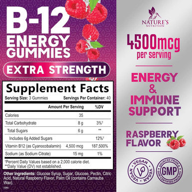 Nature'S Nutrition Vitamin B12 Energy Gummies - Extra Strength 4500mcg Chewable for Energy & Nervous System Health Support B-12 Complex Gummy Vitamin for Women Men Kids - Non-GMO Vegan Berry Flavor - 120 Gummies