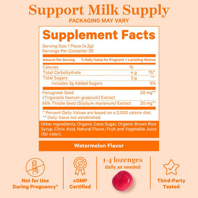 Pink Stork Lactation Sweets Supplement Breastfeeding Snacks with Fenugreek and Milk Thistle to Support Breast Milk Supply - 30 Watermelon Candy Drops (Packaging May Vary)