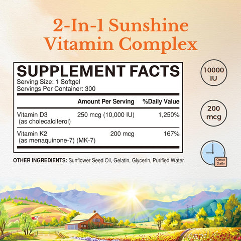 Vitalitown Vitamin D3 K2 Supplement Vitamin D3 10000 Iu Vitamin K2 (Mk7) 200 Mcg 300 Softgels Non-Gmo No Gluten & Soy For Bone Teeth Immune & Heart Health