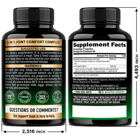 Nutraharmony Boswellia 1200Mg - Boswellia Extract Turmeric Hyaluronic Acid Msm Same - Joint Health & Comfort - Boswellia Serrata 65 Boswellic Acid - For Men & Women - Made In Usa 120 Capsules