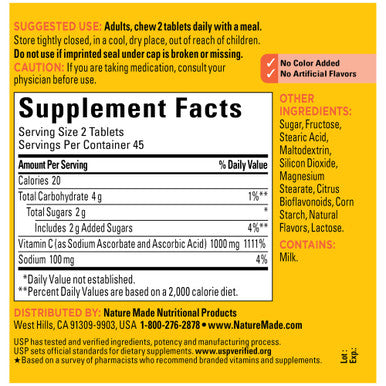 Nature Made Extra Strength Dosage Chewable Vitamin C 1000 Mg Per Serving Dietary Supplement For Immune Support 90 Tablets 45 Day Supply