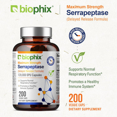Biophix Serrapeptase 120000 Spu Maximum Strength 200 Veggie Caps - Delayed Release Formula - Natural Enzyme Support