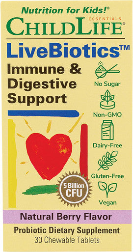 ChildLife Essentials LiveBiotics Immune & Digestive Support - Kids Probiotic, Contains Live Probiotics, Good for Digestion & Immune Support, Allergen-, Non-GMO - Natural Berry Flavor, 30 Tablets