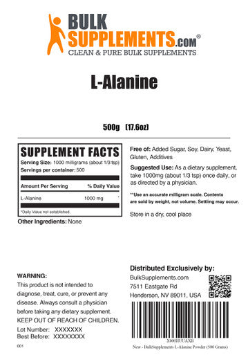 BulkSupplements L-Alanine Powder - Amino s Powder - Unflavored Pre Workout - Vegan Amino Powder - Amino Nutritional Supplements (500 Grams - 1.1 lbs)