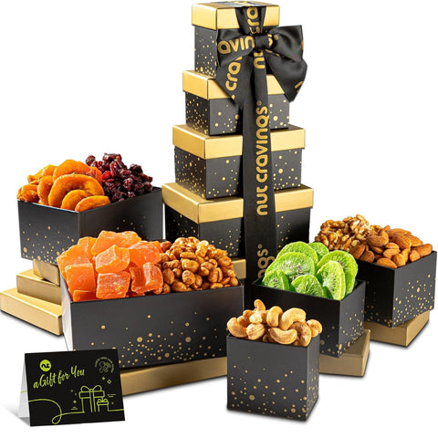 NUT CRAVINGS - Purim Mishloach Manot Dried Fruit & Mixed Nuts Gift Basket, Green Tower + Ribbon (12 Assortments) Ramadan Gifts Food Arrangement, Healthy Snack Care Package, Kosher
