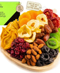 NUT CRAVINGS - Purim Mishloach Manot Dried Fruit & Mixed Nuts Gift Basket in Reusable Wooden Tray + Ribbon (12 Assortments) Ramadan Gifts Food Arrangement, Healthy Snack Care Package, Kosher
