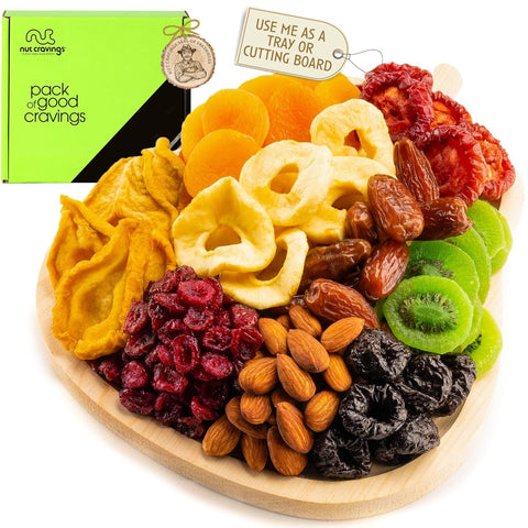 NUT CRAVINGS - Purim Mishloach Manot Dried Fruit & Mixed Nuts Gift Basket in Reusable Wooden Tray + Ribbon (12 Assortments) Ramadan Gifts Food Arrangement, Healthy Snack Care Package, Kosher