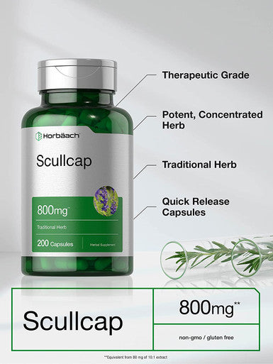 Scullcap Capsules 800 mg 200 Count Max Potency Value Size Non GMO and Gluten Free Scullcap Herb Supplement Scutellaria Baicalensis by Horbaach