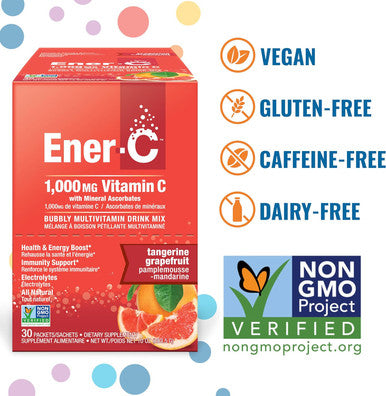 Ener-C Tangerine Grapefruit Multivitamin Drink Mix Powder Vitamin C 1000Mg & Electrolytes - Real Fruit Juice Natural Energy & Immune Support For Women & Men - Non-Gmo Vegan & Gluten - 30 Count