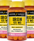 MASON NATURAL Iron 65 mg Supports Red Blood Cell Formation, Improves Energy Utilization, Essential Mineral Supplement Tablets, Black, 100 Count, Pack of 3