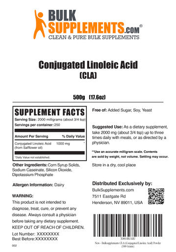 BulkSupplements Conjugated Linoleic (CLA) Powder - CLA Supplements for Energy, 1000mg of CLA from Safflower Oil - 2000mg , 250 Servings (500 Grams - 1.1 lbs)