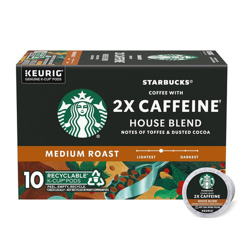 Starbucks K-Cup Coffee Pods, Medium Roast Coffee With 2X Caffeine House Blend For Keurig Coffee Makers, 100% Arabica, 1 Box (10 Pods)
