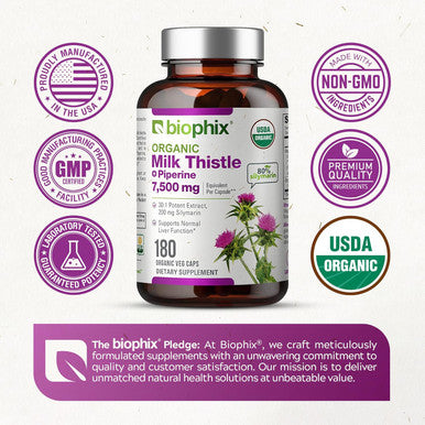 Biophix Milk Thistle Usda Organic 30:1 Extract 7500 Mg With Piperine 180 Veggie Capsules - Healthy Liver Support - Antioxidant Formula - Detoxification Support