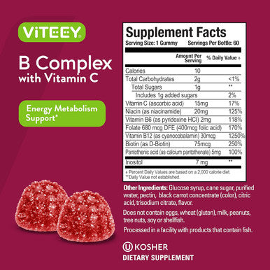 Vitamin B Complex Gummies For Adults With Vitamin C, B6, B12, Niacinamide, Folic Acid, Biotin, Calcium - Supports Energy & Metabolism - Vegan, Gluten Free, Gelatin - Chewable Strawberry Flavored