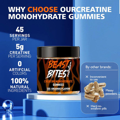 BEAST BITES Nutrition Creatine Monohydrate Gummies for Men & Women - 5g of Creatine Monohydrate per Serving - Sugar Free,Vegan, Orange Flavor, 135 Count (45 Servings).