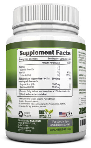 NutriONN MCT Oil - 3000mg - 180 Softgels - Made from 100% Organic Coconuts - Non GMO, Cold Pressed, Paleo Friendly Capsules - Great for Boosting Focus & Energy