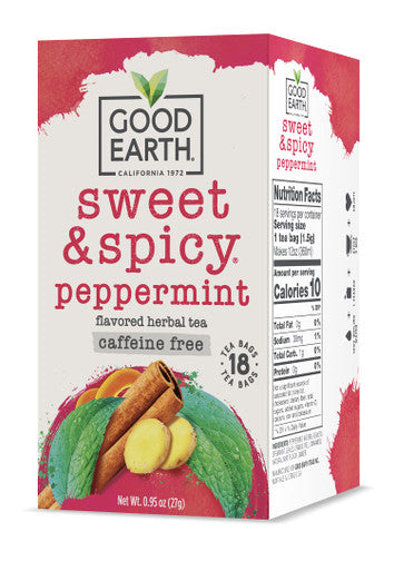 Good Earth Sweet & Spicy, Caffeine Free Peppermint Herbal Tea, Black 18 Tea Bags