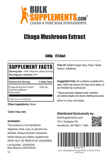 BulkSupplements Chaga Mushroom Extract Powder - Mushroom Supplement, from Chaga Mushrooms - 1000mg of Chaga Powder Extract , (500 Grams - 1.1 lbs)